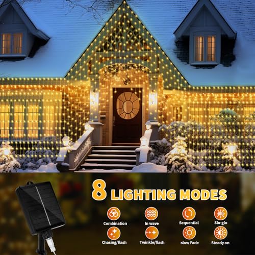 Solar Curtain String Lights 32.8ft - 8 Modes, Warm White