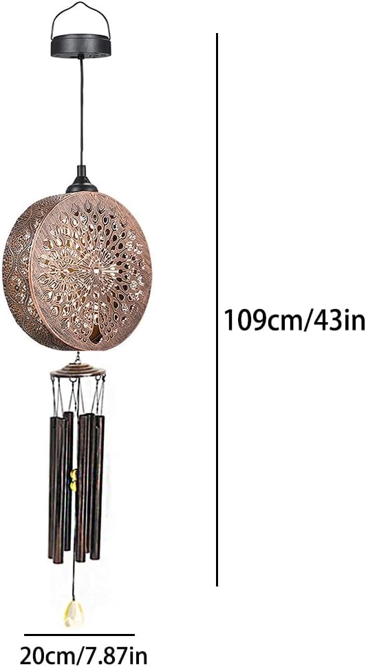 43" Solar Wind Chimes for Outside, Hanging Lights Outdoor Detachable Lantern Metal Peacock Wind Chimes, Deep Tone Memorial Wind Chime Gift Decoration for Home, Patio, Garden, Outdoor, Yard