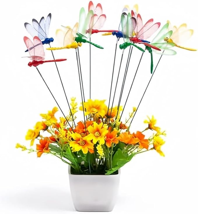 40 Pcs 3D Artificial Dragonfly Stakes Garden Ornaments Dragonfly Garden Decor for Indoor Outdoor Planter Miniature Fairy Garden Decoration,Yellow,Blue,Green,Red