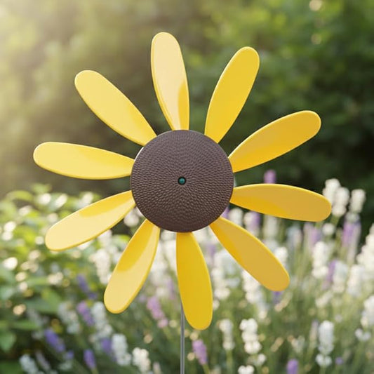 Beloit Plastics 12" Diameter Sunflowers/Daisy (6 Pack),24" Tall Pinwheel and Wind Spinner for Garden, Lawn, or Patio,Flower Vibrations May Irritate Moles - Front or Back Yard Decoration,USA Made