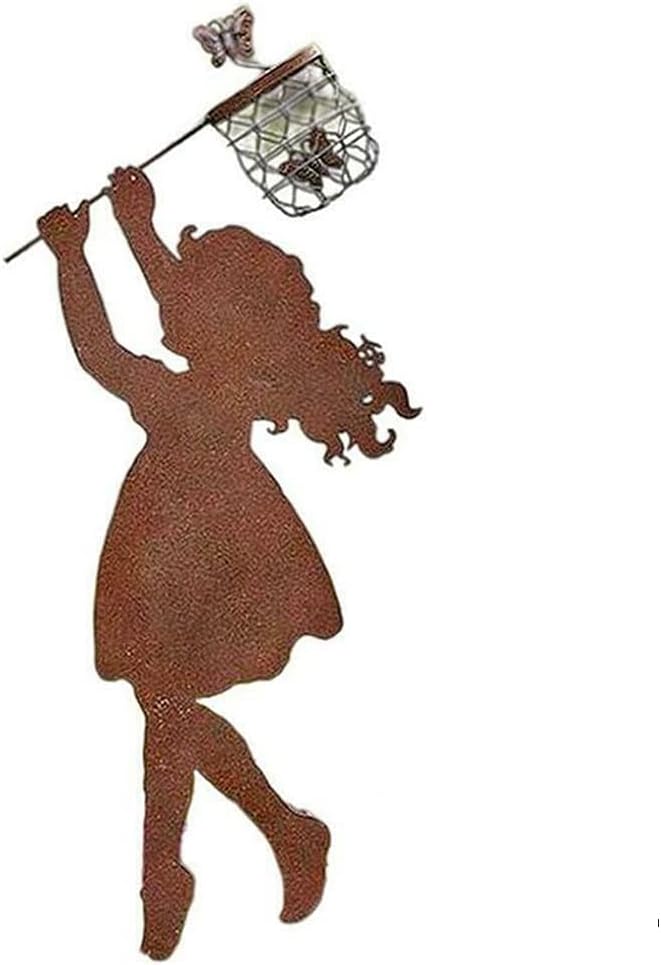 Boy Girl Silhouettes Chasing Butterfly Vintage Metal Garden Silhouette Sculpture, Yard Garden Metal Stake Rustic Decor Gift for Lawn Family Friends