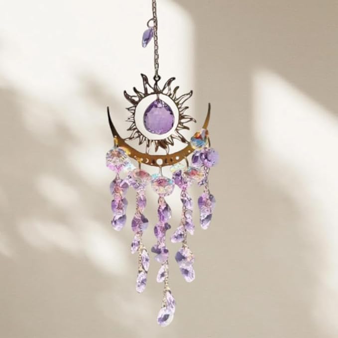 Crystal Suncatcher Wind Chimes,Outdoor Garden Decoration,Chandelier Aurora Rainbow Sun Catcher Glass Prisms Ornament,Window Hanging Pendant (Purple)