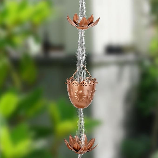 10FT Lotus Rain Chains, Rain Gutter Chain with 16 Flower Cups, Adjustable Rainwater Catcher Chain for Outside, Replacement for Downspout