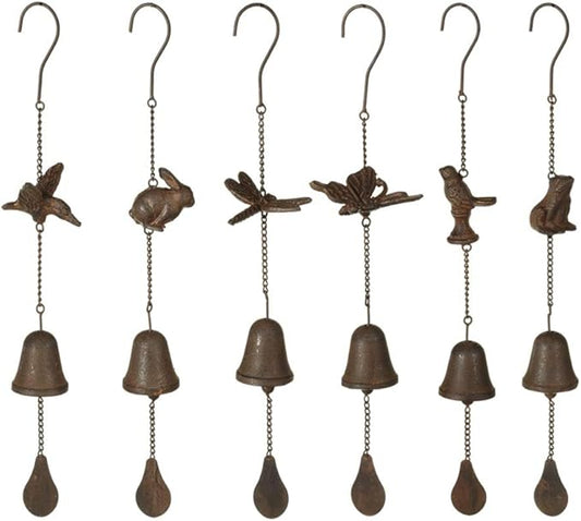 Set of 6 Rusted Brown Outdoor Patio Bird and Animals Wind Chime Cast Iron 18.75"