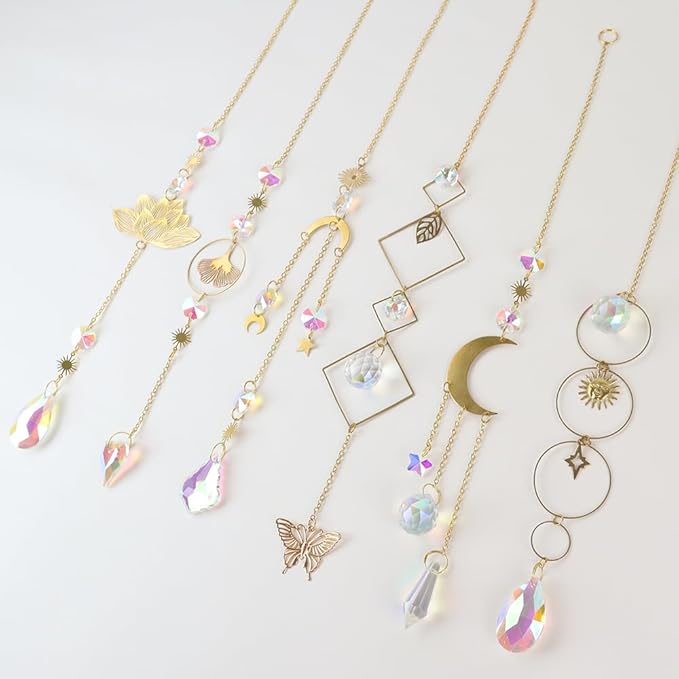 6pcs Crystal Suncatcher, Sun Catcher Hanging for Windows, Spiritual, Rainbow Maker, Crystal Indoor Garden Home Decor,Gemstone Prism(Set 1)