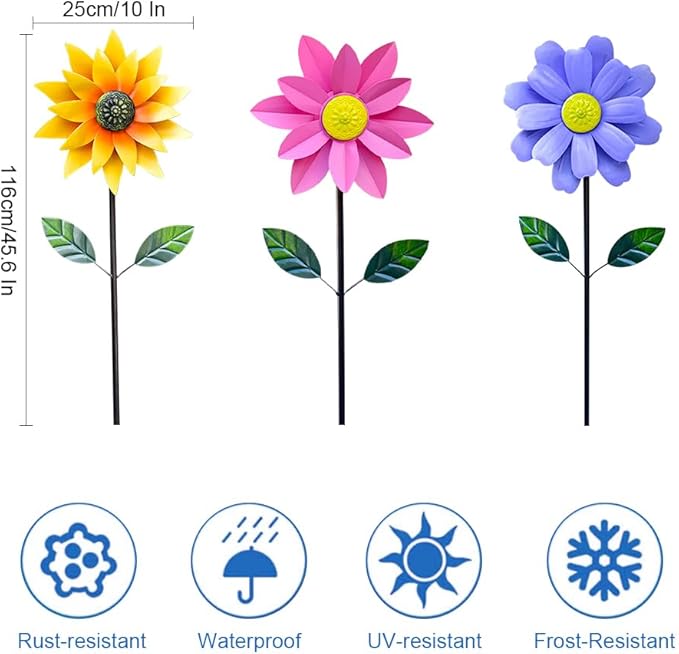 Metal Sunflower Wind Spinner,45 in Double Layer Sun Flower Windmill with Green Leaves and Stake,360° Rotating Sunflower Decor Wind Pinwheel Sculpture for Garden Yard Patio Lawn Decor (Yellow)