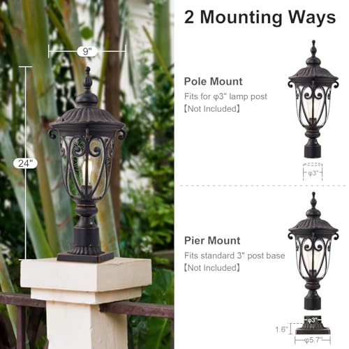 24" Bronze Post Light - Dusk to Dawn Sensor, Seeded Glass