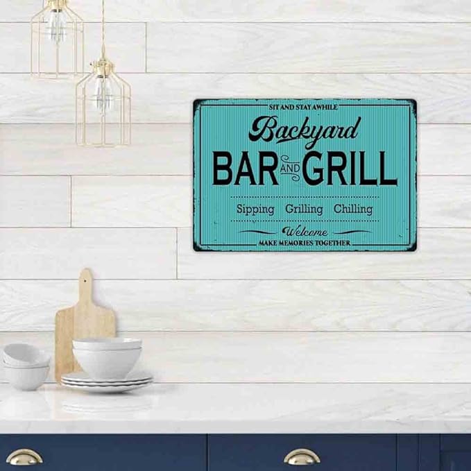 SCAZOMV Backyard Bar and Grill Metal Sign - Indoor/Outdoor Patio Decor for Home Barbecue - Funny Accessories for Home Bar