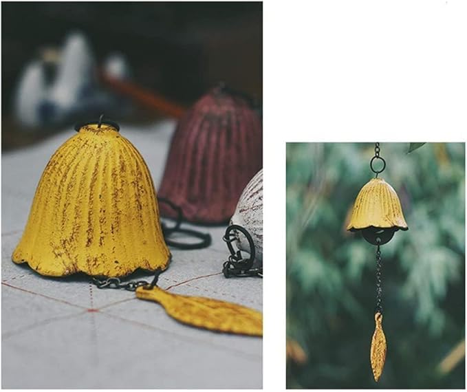 Japanese Traditional Lucky Small Wind Chimes for Outside, Yellow Leaf Iwachu Cast Iron Bless Temple Wind Bell Memorial and Sympathy Leaf Wind Chimes Indoor Garden Bell, Patio, Balcony