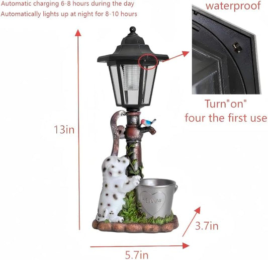 Solar Dalmatian Dog Garden Statue with Light-13 inches - Outdoor Waterproof decor with automatic lighting,perfect for Lawn,Patio, Yard-with Bucket & Bird Figurine for Dog Lovers, Mom, Grandma