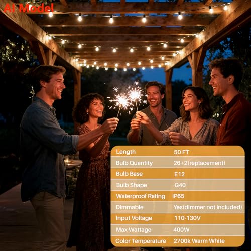 50 FT Outdoor String Lights - 26 Edison Bulbs, 2700K