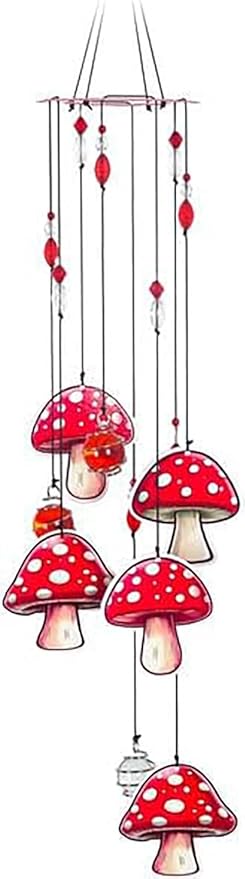 Spoontiques Mushrooms Hanging Red & White Silent Chimes with Beads - Outdoor Garden Décor - Decorative Chimes for Yard, Garden, Backyard and Patio Decoration