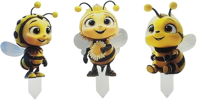 Bee Garden Stakes Decor โ Metal Outdoor Yard Art, Rustproof Lawn Ornaments for Garden Patio Flower Bed, Hand-Painted 2D Bee Set of 3