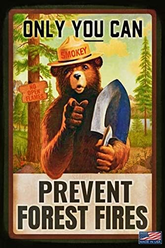 Classic Smokey Bear! 8"x12" All Weather Metal LOG CABIN Decor Rustic Distressed Lodge U.S. Forest Service National Park Decor Behave!