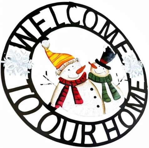 Metal Hanging Rustic Snowmen Welcome Door Wreath,13''x13'',Vintage Christmas Snowman Porch Decor Front Door Wreaths Garden Welcome Sign Indoor Outdoor Decorations for Winter Christmas Decor