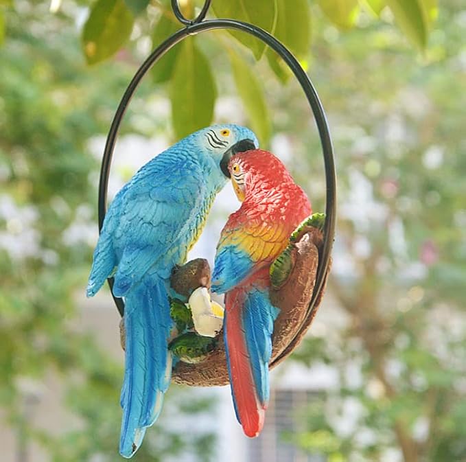 Mini Garden Statues Hanging Iron Ring Parrots, Resin Parrot Hanging Statue, Hanging Birds Figurine for Pathways Yard Patio Office Home Indoor Outdoor Tree Decorations (B-3)