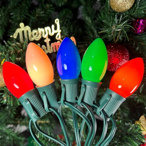 C9 Christmas String Lights - 25FT, 26 Multicolor Bulbs, Waterproof, Green Wire