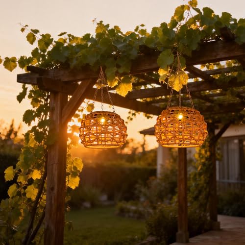 Solar Lanterns 2 Pack - Waterproof LED Hanging Lights, Boho Rattan