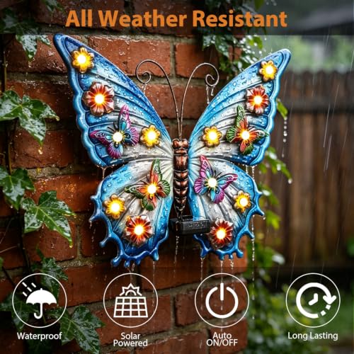 Butterfly Wall Art - Solar Lights, Metal Outdoor Decor