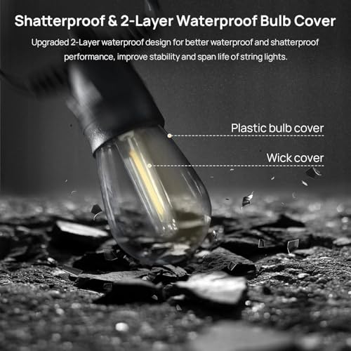 49FT LED String Lights - S14 Shatterproof Bulbs IP65 Waterproof