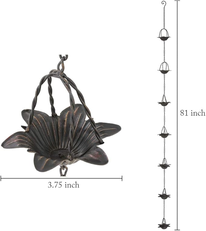 Jemeni 6.5 Feet Metal Rain Chain, Rain Chains for Gutters with 7 Cups, Lily Flower Style, Bronze