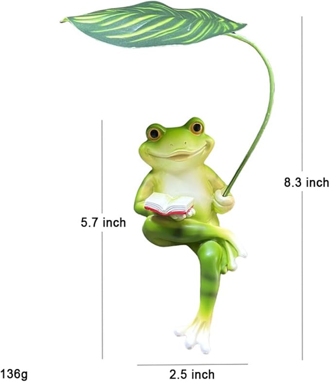 OwMell Frog Statue for Garden, Green Frog Figurine for Outdoor Decor Yard and Garden Decoration Resin Sculpture 6 Inches - Book & Leaf