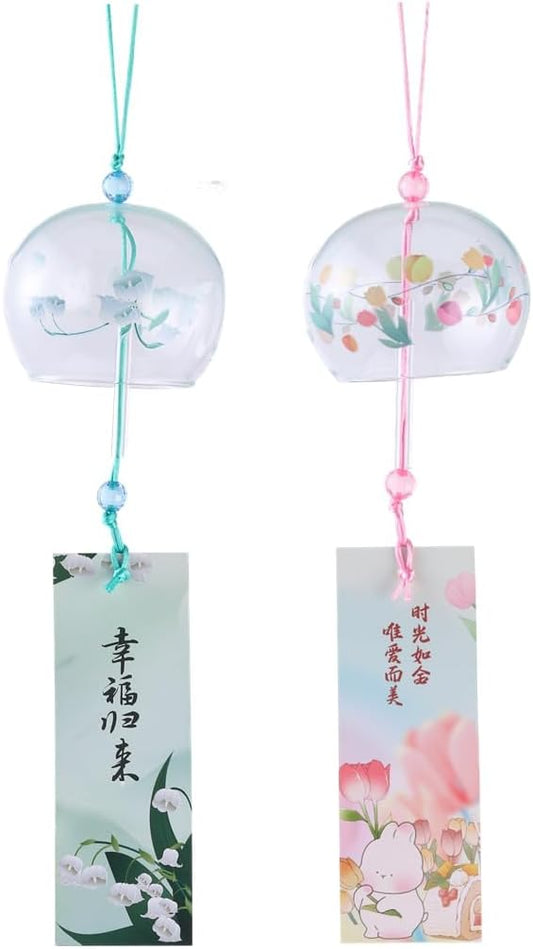 Falytemow Japanese Wind Chimes Romantic Flowers Small Wind Bells Handmade Glass Japanese Style Pendant for Birthday Present Home Decors (Tulip, Orchid, Lotus, Clover, 7 cm)