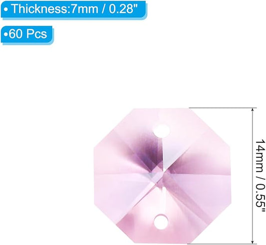 PATIKIL K9 Crystal Octagon Beads 2 Holes Pendants, 60 Pack 14mm Chandelier Prisms Parts Ornaments Hanging Beads for DIY Arts Crafts Decoration, Pink