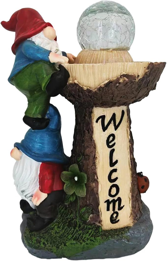 Solar Powered Garden Gnome Welcome Sign with LED Cracked Glass Ball, Outdoor Statue Decor for Patio Yard Lawn Walkway, for Mom Grandma (Red)