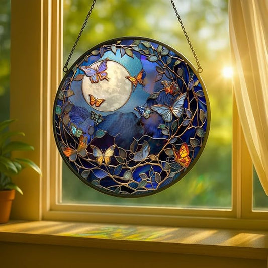 Stained Glass Window Hanging - Bluebird Perched on Branch Artwork 11.8in Sun Catchers Indoor Stained Glass Panels Wall Decor for Mom,Wife,Lovers,Festive