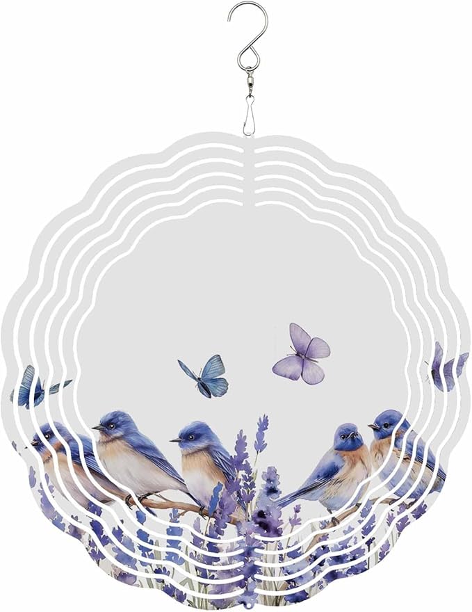 Stainless Steel Wind Spinner for Yard Garden Decoration, Blue Purple Bird Flower Floral Butterfly Round Wind Sculpture Spinner 3D Crafts Hanging Ornaments for Indoor Outdoor, 8 Inch