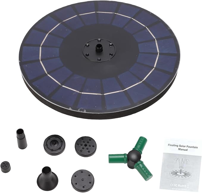 Generic Solar Fountain with RGB Lights, 23cm Glass Panel 1500mAh Rechargeable Battery 7 Nozzles 60cm Spray Height with 3 Suction Cups Color Changing LED for Bird Bath Pond Garden (6W Diameter 23CM)
