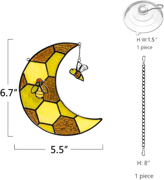Bee Stained Glass Suncatcher for Window,Honeycomb Stained Glass Window Hanging Moon Decor,Bees Gifts for Women,Bee Lovers,Housewarming Gift,Honeybee Decor for Birthday Party