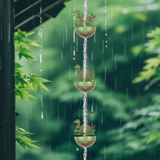 9.2FT Rain Chains for Gutter, Mallard Ducks Decorative Rain Chain with 12 Cups, Adjustable Rain Catcher Chain for Eaves Drainage, Replacement for Downspout