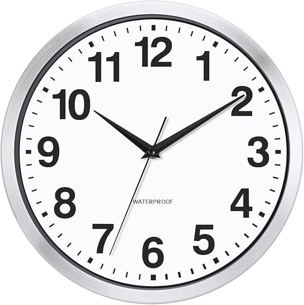 Caysie 12 Inch Sealed Indoor Outdoor Clocks Waterproof, Silent Battery Operated Quartz Metal Wall Clock for Patio Pool Bathroom Home (Silver)