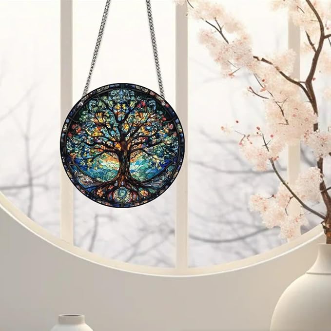 Tree of Life Stained Glass Window Hangings with Chain – Acrylic Tree Ornament for Garden, Patio and Indoor Decor, Housewarming Gift for Mom, Grandma and Nature Lovers