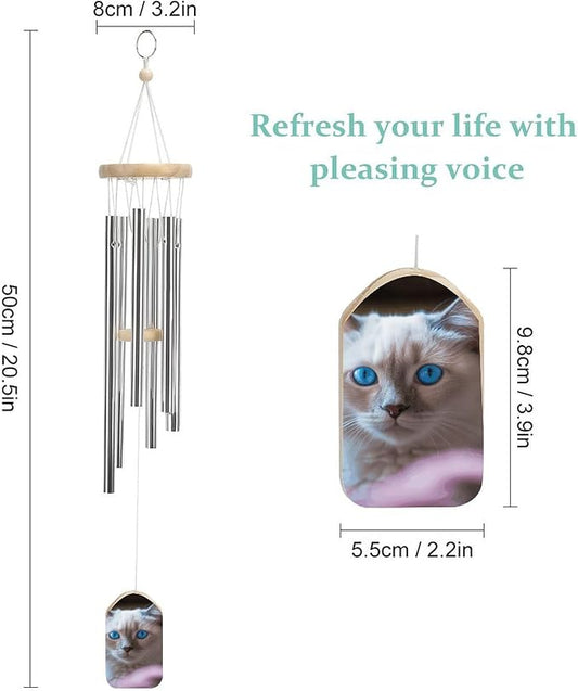 Wind Chimes for Outside,Blue Eyed Cat Printed Cute Aluminium Windchimes Outdoors,Soothing Melodic Memorial Wind Chime for House Porch Patio Garden Balcony Decor