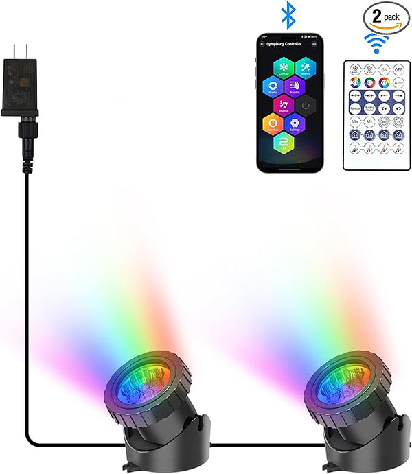 RGB Underwater Pond Lights, Super Bright LED Submersible Fountain Lights Colored Landscape Spotlights, Bluetooth APP Control IP68 Waterproof for Fish Aquarium Tank Garden Yard Pool (Set of 2)