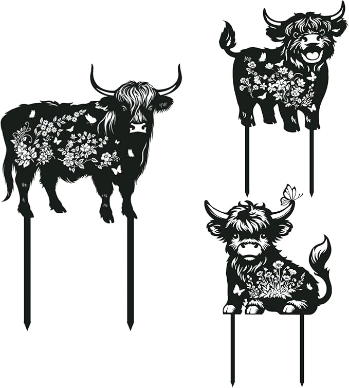 Rngmsi Highland Cow Garden Stakes Decorations 3PCS Cow Metal Silhouette Statues Garden Decor for Lawn Ornaments and Yard Art Supplies, Cow Gifts for Women Men Highland Cow Lovers