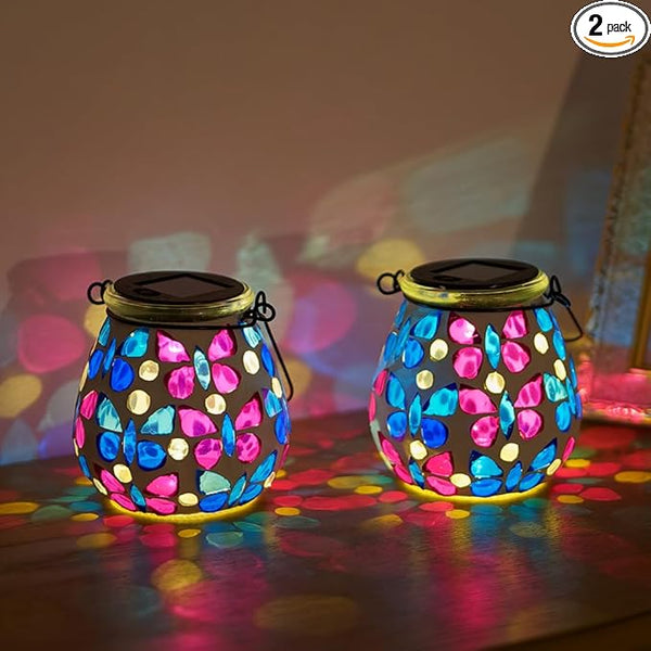 Stargarden 2 Pack Mosaic Solar Lanterns, Glass Hanging Lantern Waterproof Outdoor Hanging Solar Lights Butterfly Decorative Lantern for Garden ,Patio,Yard Decor