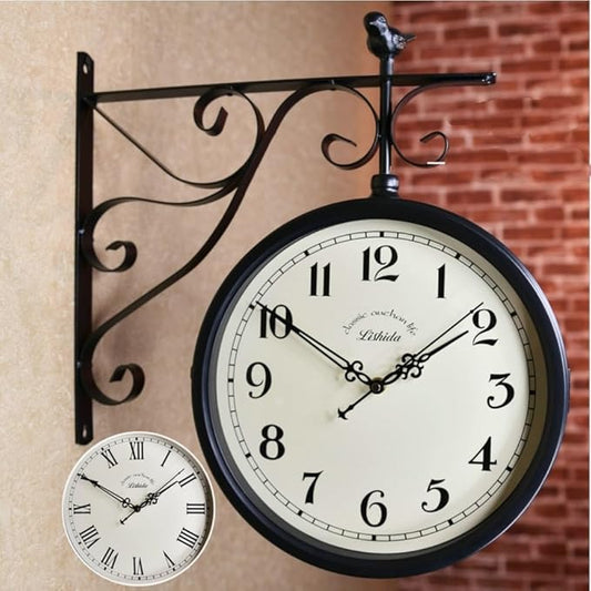 American Iron Vintage Train Station Clock Double Sided Wall Clock, Double Sided Metal Clock, European Antique Silent Double Sided Wall Clock for Patio, Garage, Fence, House, Living Room Art Decoration