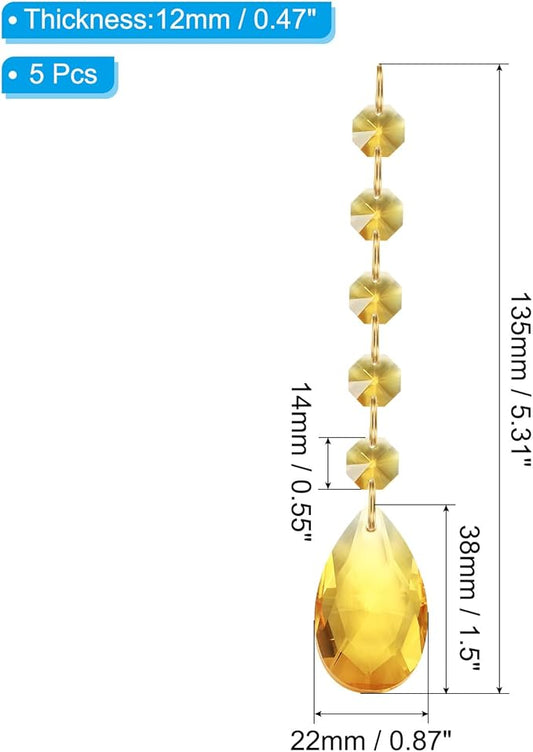 PATIKIL Teardrop Crystal Chandelier Pendants Beads, 5 Pack 135mm Length 38mm Chandelier Prisms Parts Ornaments Hanging Beads for DIY Arts Crafts Decoration, Gold Tone