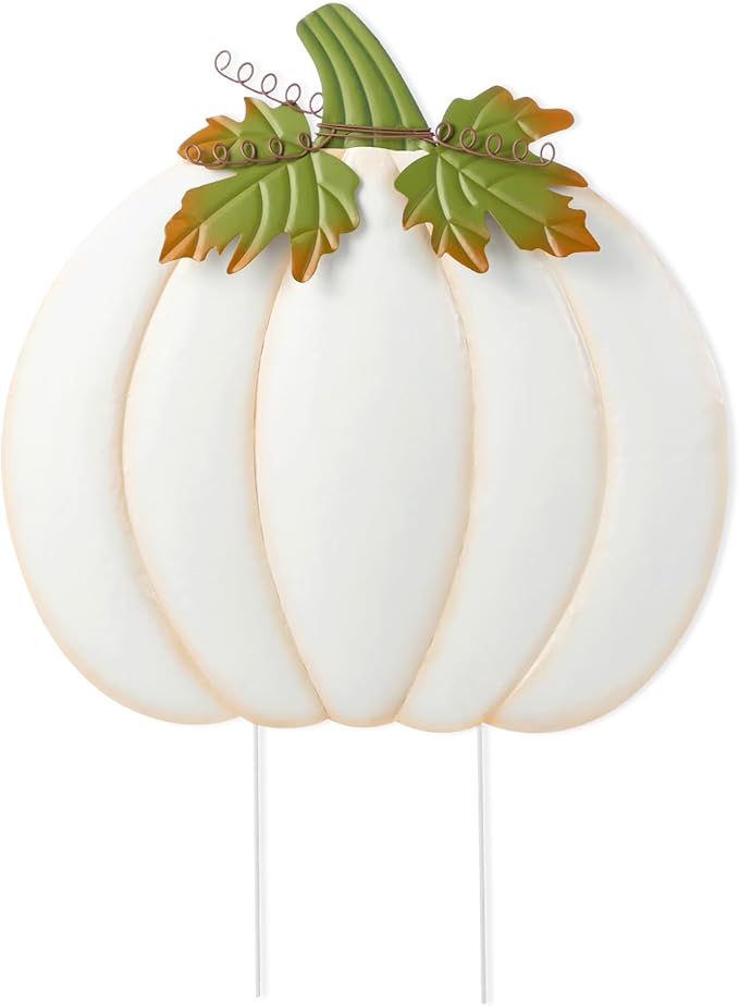 Glitzhome Oversized Ivory Pumpkin Yard Stake,39.5"H Metal Fall Pumpkins Garden Stake, Garden Standing Stakes or Hanging Pumpkin Signs for Autumn Harvest Thanksgiving Halloween Fall Outdoor Decorations