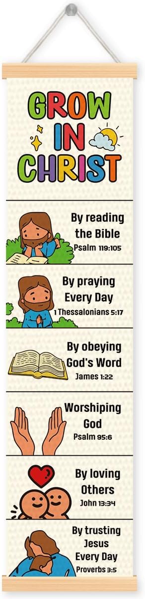 Christian Decor, Grow in Christ Poster, Bible Lesson Banner for Home Church Classroom Decoration, Inspirational Religious Gift, Family Hanging of Scripture and Words Decorations 13