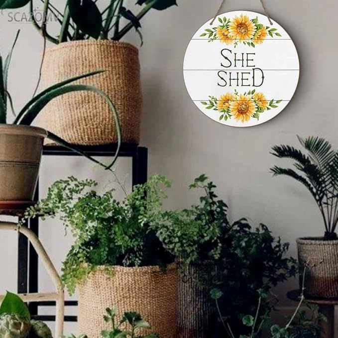 Round Rustic Wood Sign Plaque She Shed Sunflower Vintage Wall Art Sign Cute Wooden Hanging Sign Decor for Home Kitchen Living Room Farmhouse Garden Front Door Entryway Porch Yard 12 Inch