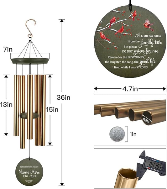 Personalized Sympathy Wind Chime, 36 Inch Memorial Wind Chimes for Outside, Cardinal Wind Chimes, Wind Chime Deep Tone for Loss of Loved One for Condolences/Funeral, Product in USA