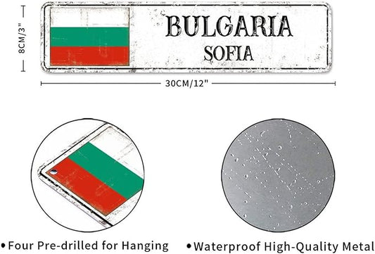 Personalized Bulgaria Street Sign Bulgaria Flag Metal Sign Capital City of Bulgaria Metal Sign Road Rustic Wall Art Country City Indoor & Outdoor Decor for Home Man Cave Door Porch Garden 12x3in