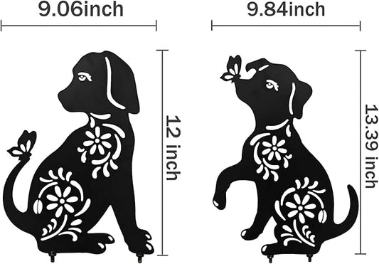 Dog Decor Outdoor Metal Decor, Garden Gecor for Outside Dog Garden Statue, Black Puppy Outdoor Garden Decor, Metal Garden Art Decorations, 2PCS (Dog2)