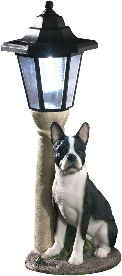 Bits and Pieces - Solar Dog Lantern-Solar Powered Garden Lantern - Resin Dog Sculpture with LED Light (Boston Terrier) - 13.5" Tall