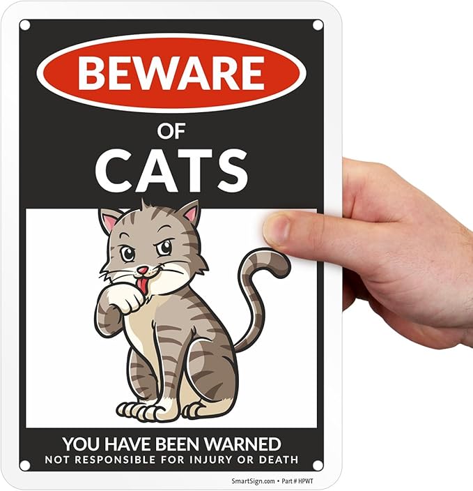 SmartSign Funny Beware Of Cats Warning Sign - 10"x7", 40 mil Laminated Rust-free Aluminum - Metal Signs for Entrances, Outdoors, Patio, Gifts, Cafe - Cats Theme, Made in USA